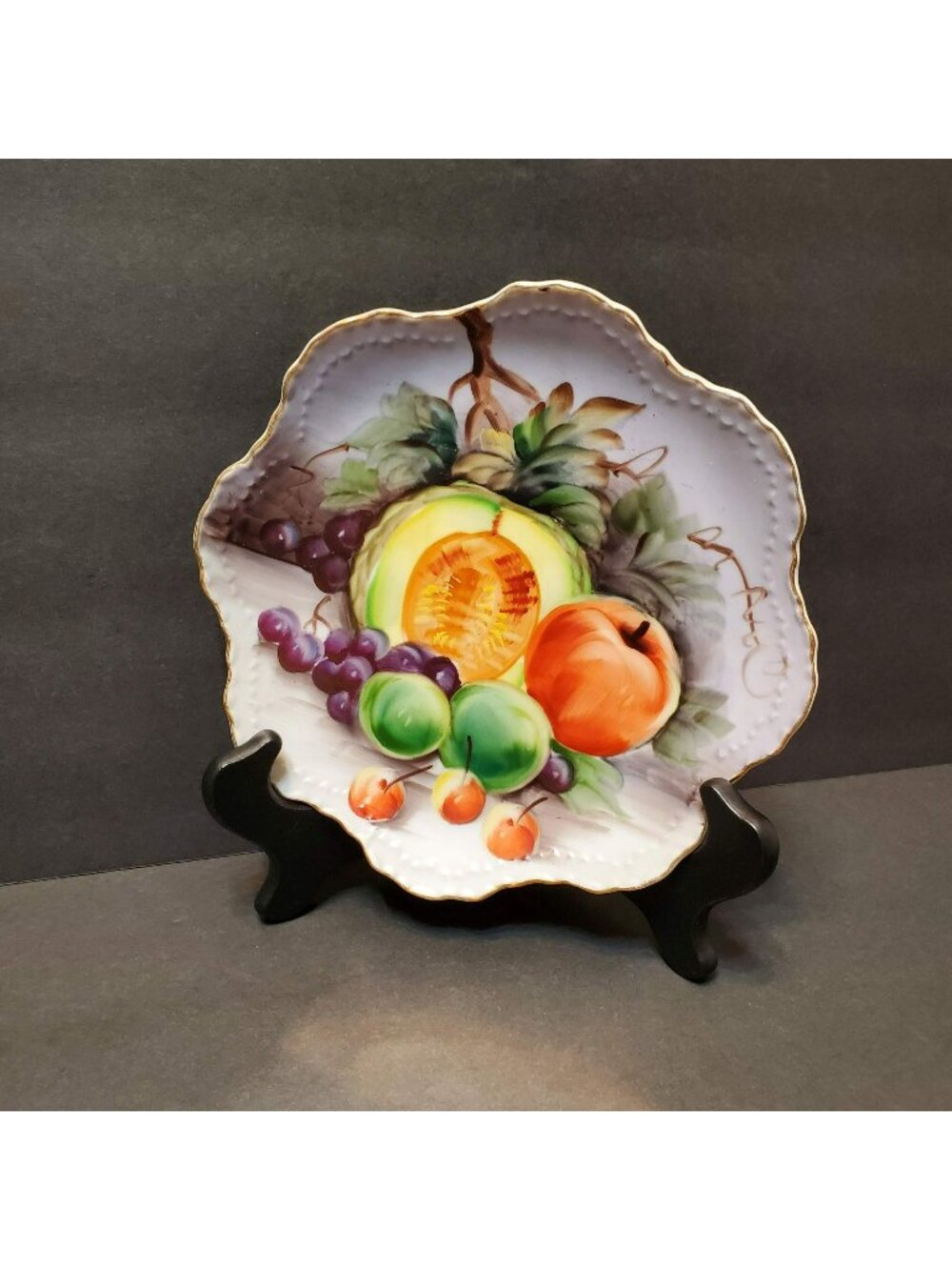 Vintage Lefton Hand Painted Plate, Japan, Fruit design, Gilt Scalloped Edge 8"